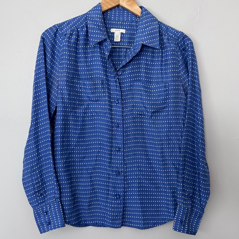 J.Crew Shirt Womens 4 Blue 100% Silk Polka Dot Button Down Long Sleeve Timeless